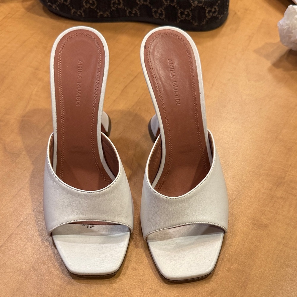 Amina Muaddi Cream Leather Mules